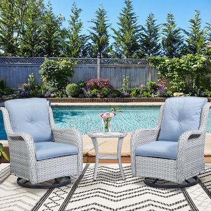Rilyson Wicker Rocking Chair Swivel Chairs – 6 Piece Rocker Patio Furniture Set Rattan Rocking Bistro Sets with Glass Top Side Table for Outdoor Porch Deck Garden Backyard(Light Grey/Sky Blue)