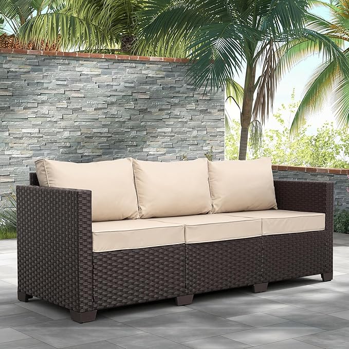 Valita Patio Furniture 3-seat Sofa Brown Wicker Outdoor Furniture Outdoor Couch Deep Seat High Backrest Waterproof - Photo 2