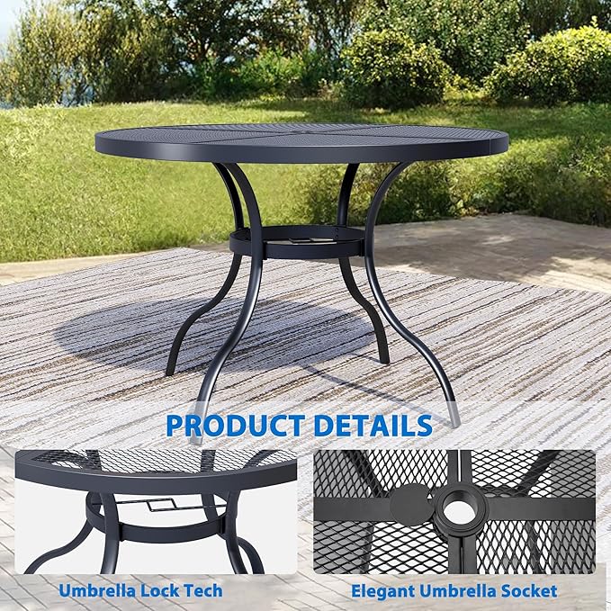 42'' Outdoor Patio Dining Table with Adjustable Umbrella Hole, Mesh Tabletop Round Table, Heavy Duty 400lbs Capacity, for Deck, Balcony, Bistro, Black