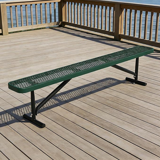 8 ft Outdoor Metal Park Bench, Backless Heavy-Duty Commercial Green Garden Bench with Expanded Steel Mesh Seat, Weatherproof Park Patio Dining Table Bench for Backyard Lawn School Porch Deck