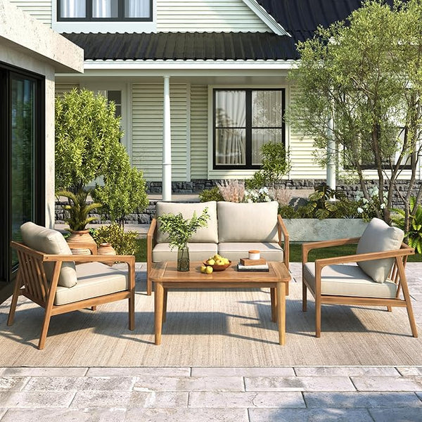 Merax 4 Piece Patio Outdoor Furniture Set, All-Weather Acacia Wood Loveseat Sofa, 2 Armchairs w/Coushions - Photo 1