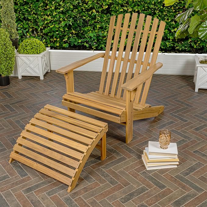JONATHAN Y ADK1000A Saranac 2-Piece Traditional Rustic Acacia Wood Adirondack Chair with Detachable Ottoman Classic, Coastal, Cottage, Vintage, Farmhouse, Teak Brown