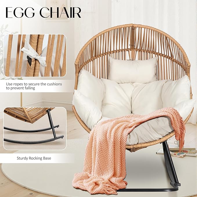 JAMFLY Wicker Egg Chair - Rattan Rocking Chairs with Cushion, Indoor-Outdoor Lounge Egg Basket Seat for Living Room - Photo 5