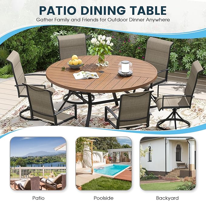 Patio Dining Table for 6-8, Round Metal Outdoor Table with Storage Shelf, 1.57" Umbrella Hole, 53" Outdoor Quartered Tabletop Dining Table for Backyard, Porch, Lawn, Walnut
