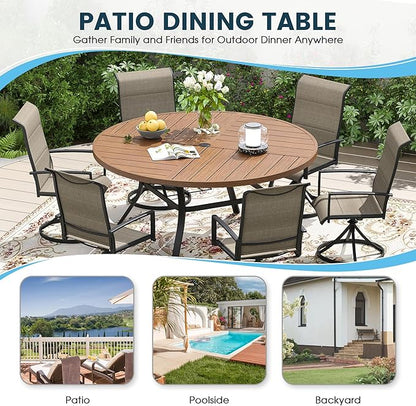 Patio Dining Table for 6-8, Round Metal Outdoor Table with Storage Shelf, 1.57" Umbrella Hole, 53" Outdoor Quartered Tabletop Dining Table for Backyard, Porch, Lawn, Walnut