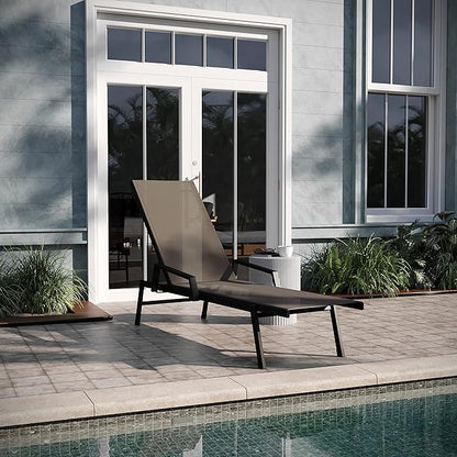 EMMA + OLIVER Braelin Adjustable Patio Chaise Lounge - Brown Textilene Seat - 5 Recline Positions - Metal Frame - All-Weather