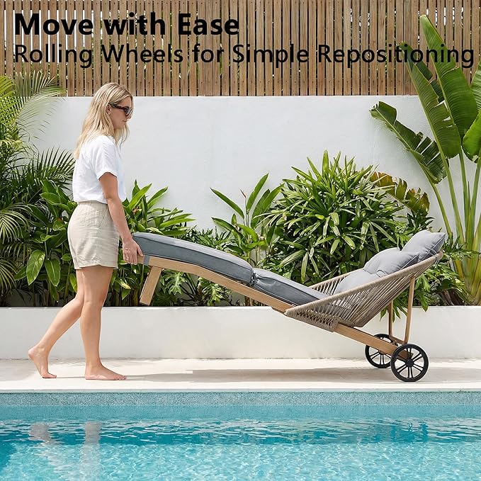 Patio Chaise Lounge Chairs Set of 2, Oversized Lounge Chair Outdoor with Cushions, Pool Lounger Chairs with Wheels, All Weather Wicker Outdoor Chaise Lounge Chairs for Outside/Deck, Grey