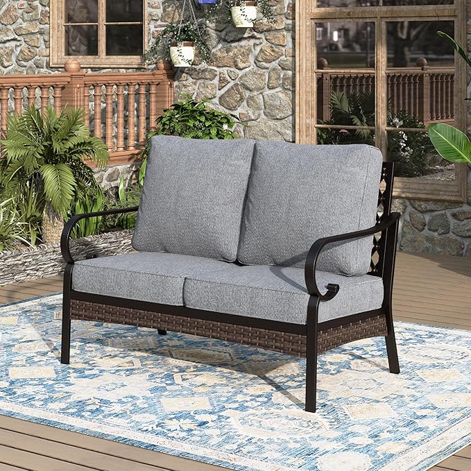 Patio Furniture Sofa, Love-Seat Patio Sofa Steel Frame Outdoor Sectional Couch with Deep Seating and 5.75” Cushions for - Photo 1