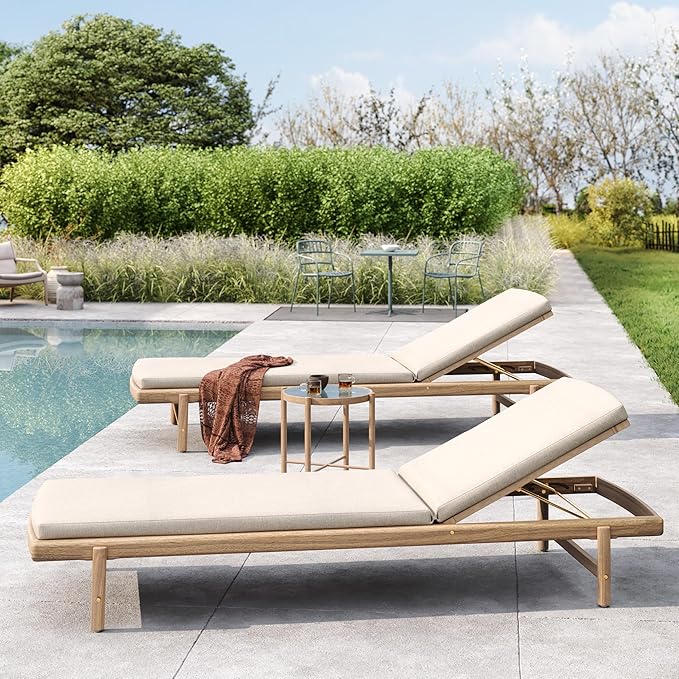 Christopher Knight Home Brolen Acacia Wood Chaise Lounge Chair Outdoor Set of 2, Patio Outdoor Chaise Lounge with Cushions, Adjustable Backrest Lounge Sofa, Wooden Sunbathing Pool Lounger, Teak+Beige
