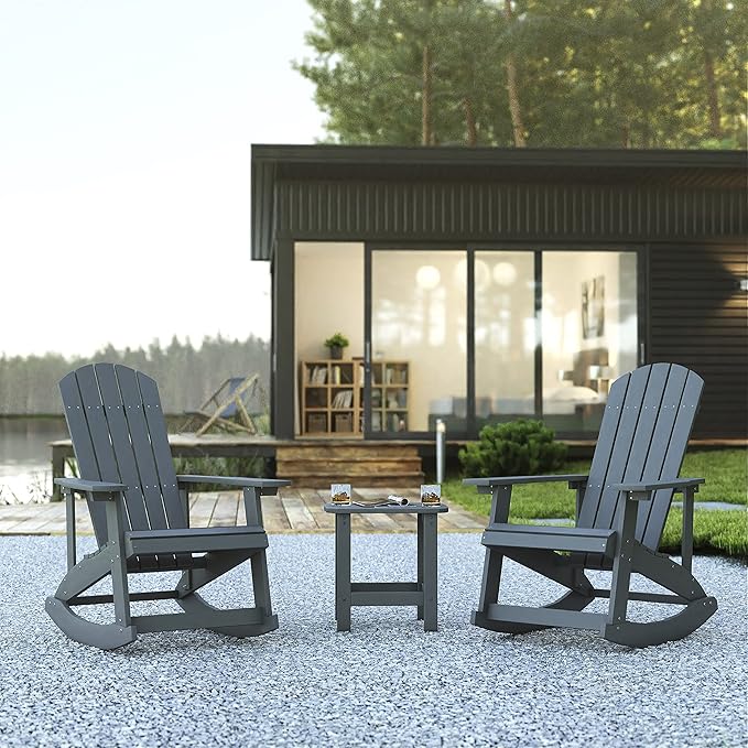 Flash Furniture Set of 2 Savannah Adirondack Rocking Chairs - Commercial Grade All-Weather Gray Poly Resin Wood - Photo 2