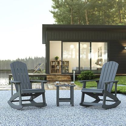 Flash Furniture Set of 2 Savannah Adirondack Rocking Chairs - Commercial Grade All-Weather Gray Poly Resin Wood - Matching Side Table