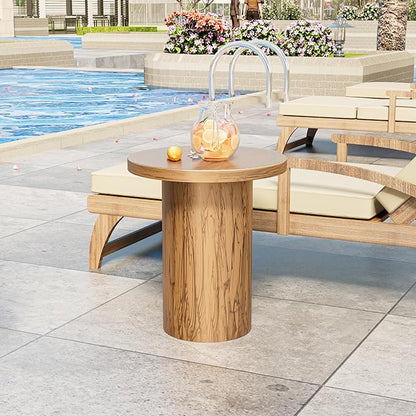 Metal Small Patio Table, Round Outdoor Side Table, Wood Color Outdoor Accent End Table, Patio Furniture, for Garden, Pool, Yard, Balcony, Living Room, Deck, Weather Resistant, No Assembly