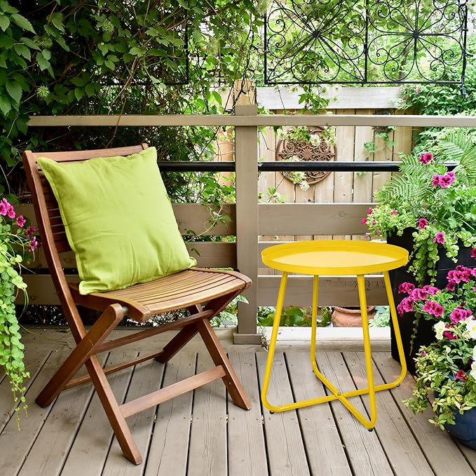 CODIN Set of 2 Outdoor Side Table Outdoor, Metal Side Table Small Round Side Table Weather Resistant End Table Patio Table for Garden Porch Balcony Yard Lawn (2, Yellow)