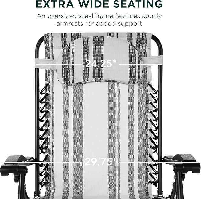 Best Choice Products Oversized Zero Gravity Chair, Folding Outdoor Patio Lounge Recliner w/Cup Holder Accessory Tray, Pillow - Gray Stripes