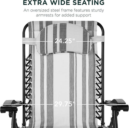 Best Choice Products Oversized Zero Gravity Chair, Folding Outdoor Patio Lounge Recliner w/Cup Holder Accessory Tray, Pillow - Gray Stripes