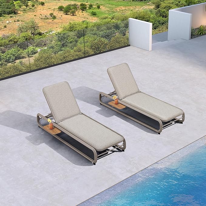 PURPLE LEAF Outdoor Chaise 1 Piece Tanning Lounges for Patio Poolside Slide-Out Side Table with Cushion Adjustable Backrest Chairs Champagne