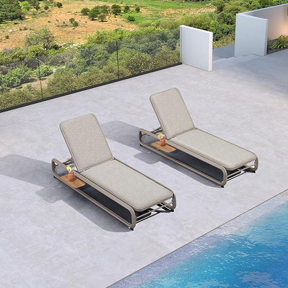 PURPLE LEAF Chaise Lounge 2 Pieces Chair Recliner Outdoor for Patio Poolside w/Slide-Out Side Table with Cushion Adjustable Backrest Champaign