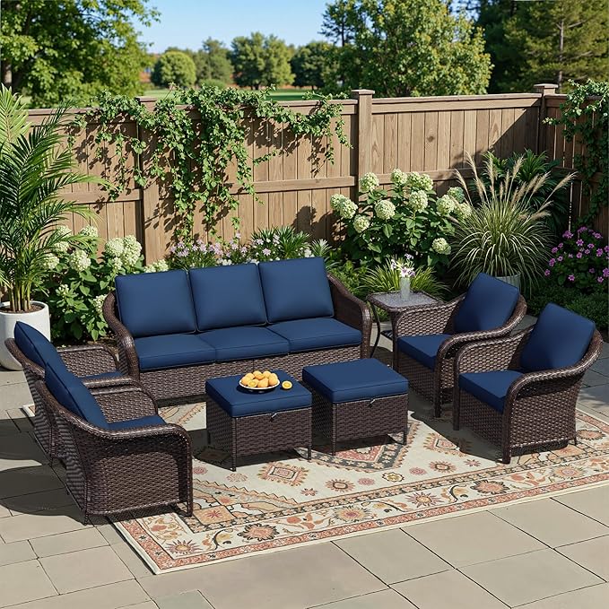8 Piece Patio Wicker Conversation Set, All-Weather Use Outdoor Wicker Sofa with 2 PE Rattan Ottomans, 4 Chair - Photo 1