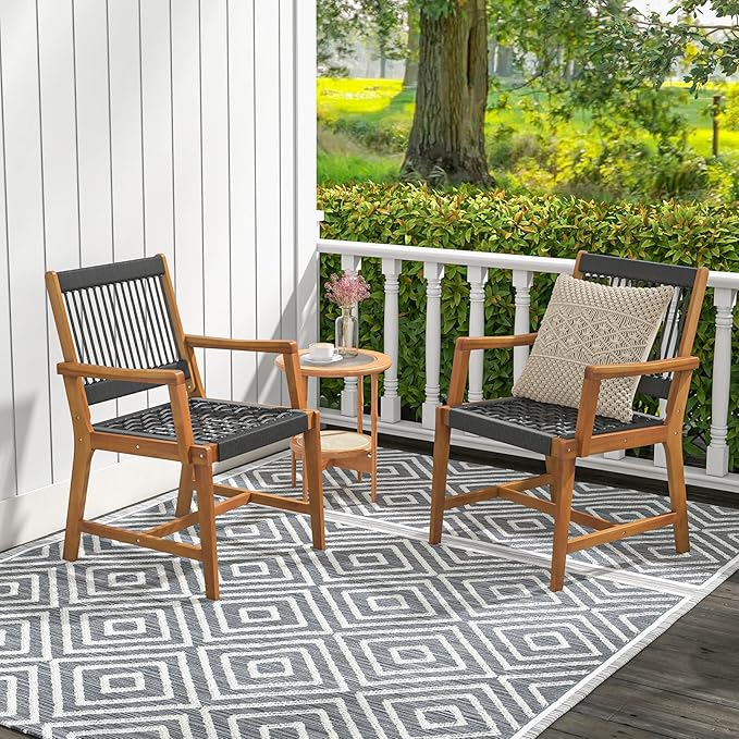 Tangkula Outdoor Acacia Wood Dining Chairs Set of 2, All-Weather Rope Woven Patio Chairs with Armrests - Photo 4