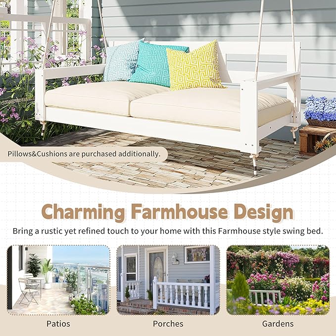 Merax Patio Wooden Twin Size Porch Swing Daybed Frame, Farmhouse Swing Bench Chair with 4 Hanging Ropes for Backyard - Photo 6
