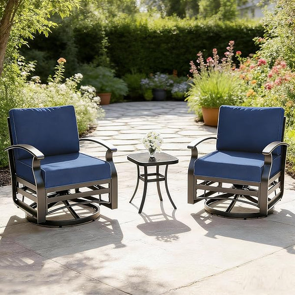 Gotland 3 Piece Patio Set, Metal Outdoor Swivel Chairs Set of 2 with 5.1’’ High-Resilience Seat Cushions Tempered Glass - Photo 1