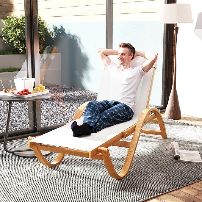 Outsunny Larch Wood Lounge Chair, 4-Level Adjustable Tanning Chair, Full Flat Patio Lounger with Mesh Seat - Photo 8
