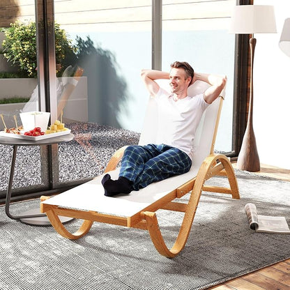 Outsunny Larch Wood Lounge Chair, 4-Level Adjustable Tanning Chair, Full Flat Patio Lounger with Mesh Seat, Outdoor Sun Chaise for Patio Beach, Cream White