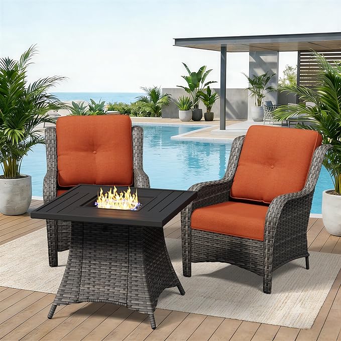 3 Pieces Outdoor Wicker Patio Furniture Set with Fire Pit Table, Patio Chair Set with Thickened Olefin Cushions, High Back and Deep Seating, Hand-Woven PE Rattan for Porch, Deck