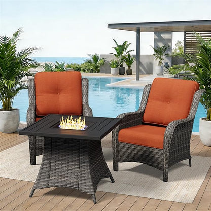 3 Pieces Outdoor Wicker Patio Furniture Set with Fire Pit Table, Patio Chair Set with Thickened Olefin Cushions, High Back and Deep Seating, Hand-Woven PE Rattan for Porch, Deck
