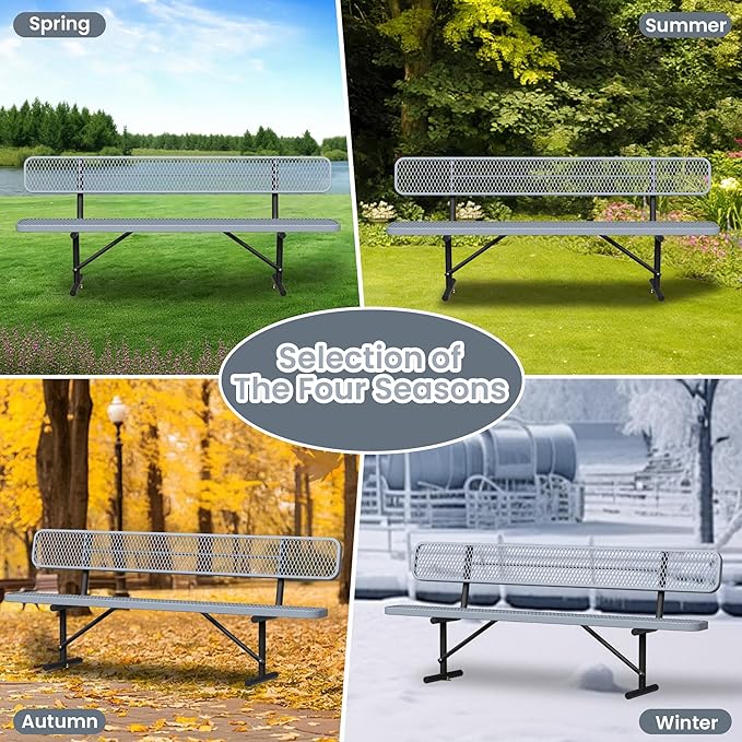 8ft Park Bench with Backrest, Gray Heavy Duty Outdoor Metal Bench Weatherproof Steel Long Playground Bench Seats, Commercial Garden Benches Dock Benches for Lawn, Park, Deck,Patio, Porch
