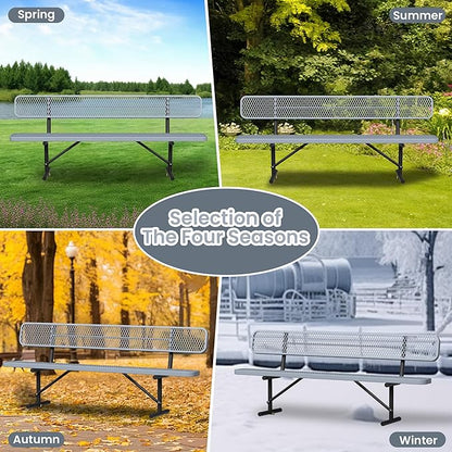 8ft Park Bench with Backrest, Gray Heavy Duty Outdoor Metal Bench Weatherproof Steel Long Playground Bench Seats, Commercial Garden Benches Dock Benches for Lawn, Park, Deck,Patio, Porch