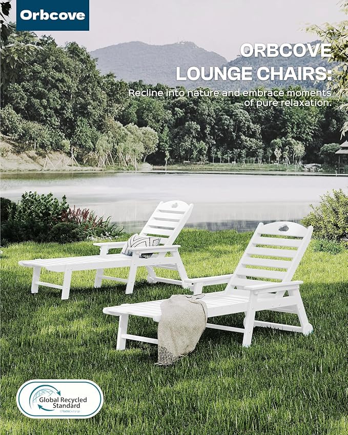 Pool Lounge Chair Outdoor, HDPE Oversize Chaise Lounge Outdoor Chair with Wheels and Cupholder, 6-Position Adjustable, for Pool, Patio, Lawn, Garden, Poolside (White, 1)