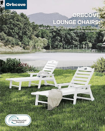 Pool Lounge Chair Outdoor, HDPE Oversize Chaise Lounge Outdoor Chair with Wheels and Cupholder, 6-Position Adjustable, for Pool, Patio, Lawn, Garden, Poolside (White, 1)