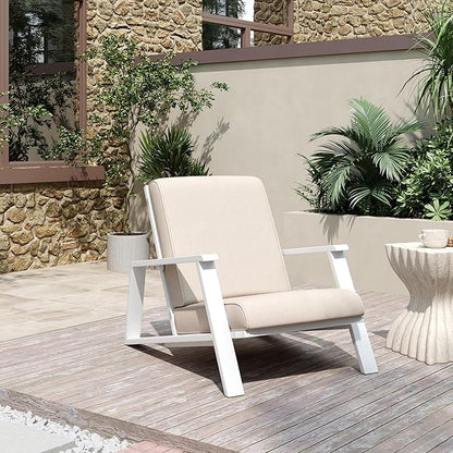 Christopher Knight Home Smeb Lounge Chair Outdoor with Cushions, Acacia Wood Adirondack Chair, Slatted Design Side Chair, Extra Seating for Balcony Backyard Poolside Garden, White + Beige