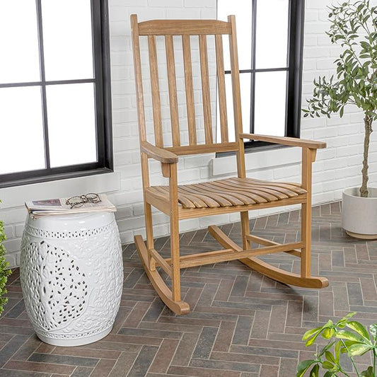 Eyely KCR300A Orvindar Farmhouse Classic Slat-Back 350-LBS Support Acacia Wood Outdoor Rocking Chair, Teak Brown