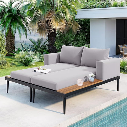 Merax Outdoor Patio Daybed, Patio Sofa Bed Loveseat Set with Padded Cushion Pillows, Outdoor Pool Furniture with Wood Side Table, 2 in 1 Outdoor Bed Chaise Lounger for Garden, Backyard, Grey