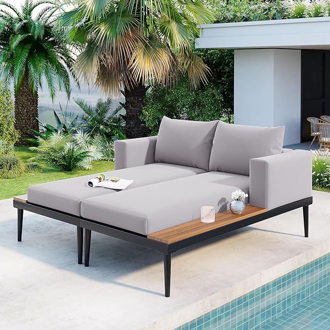 Modern Outdoor Patio Daybed with Wood Topped Side Spaces for Drinks - Photo 2
