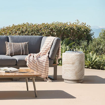 LuxenHome Outdoor Side Table, 18'' Travertine-Style Round Textured Cement Accent End Table, Outdoor Furniture for Patio Balcony Porch, Garden Stool for Backyard Lawn