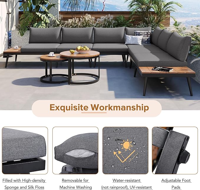 Modern Outdoor Sectional Sofa Set with Round Nesting Coffee Tables and Cushions, 6-Piece Patio Furniture Set for Porch - Photo 6