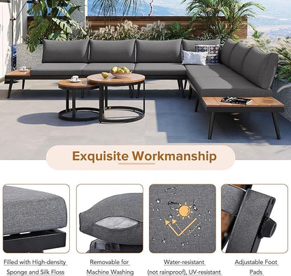 Modern Outdoor Sectional Sofa Set with Round Nesting Coffee Tables and Cushions,6-Piece Patio Furniture Set for Porch,Garden,Poolside and Balcony (Grey)