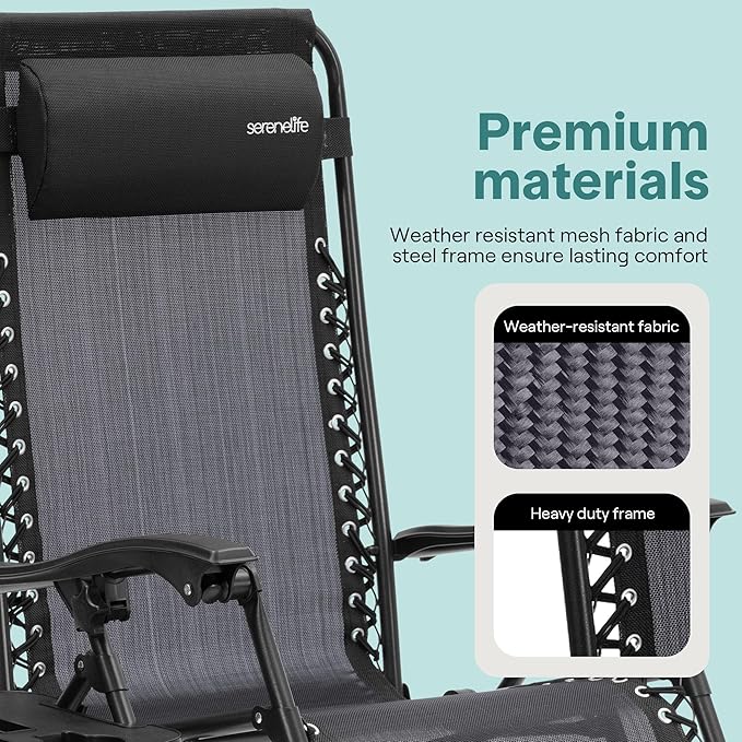 SereneLife Zero Gravity Outdoor Lounge Chairs 2 Pack – Folding Recliners with Side Table - Photo 7