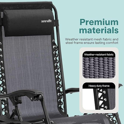SereneLife Zero Gravity Outdoor Lounge Chairs 2 Pack – Folding Recliners with Side Table, Cup Holder & Padded Headrest – Adjustable Patio Chairs for Lawn, Garden, Deck, Camping (Black)