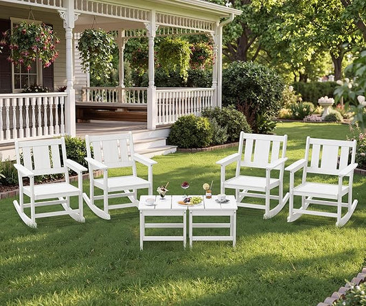 SERWALL HDPE Outdoor Rocking Chairs Set of 6, All Weather 4 Porch Rockers with 2 Side Tables, Waterproof Patio Conversation Set for Fire Pit, Garden, Backyard, White