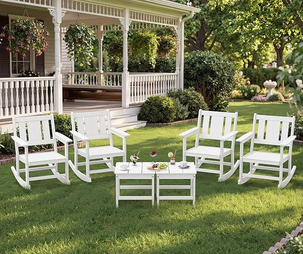 SERWALL HDPE Outdoor Rocking Chairs Set of 6, All Weather 4 Porch Rockers with 2 Side Tables - Photo 1