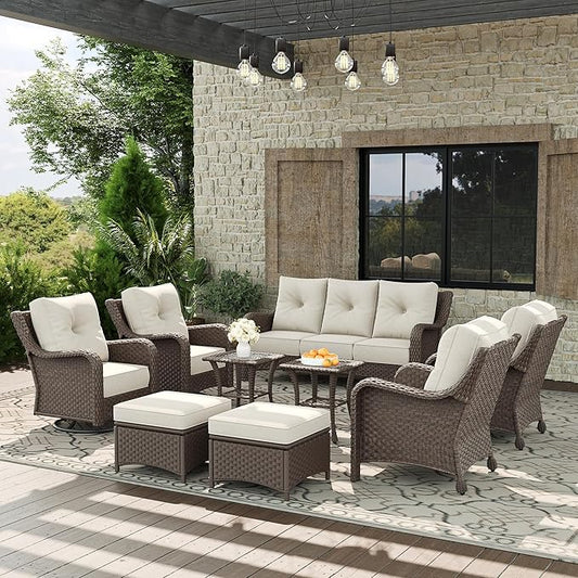 9 Piece Patio Furniture Set, All-Weather Wicker Outdoor Conversation Set with Swivel Rocking Chair and 6 Inch Thick Cushions
