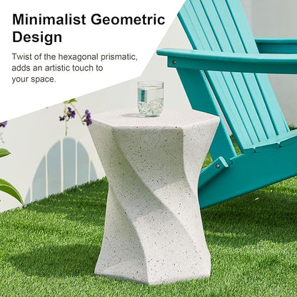 Glitzhome Outdoor Side Table, 17.75" H Decorative Garden Stool MGO Twist Faux Terrazzo End Table, Round Planter Stand for Indoor Outdoor Living Room Bedroom Patio Deck Poolside, White