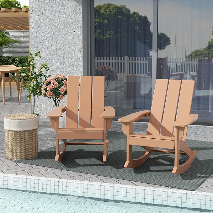 WestinTrends Ashore Patio Rocking Chairs Set of 4, All Weather Poly Lumber Plank Adirondack Rocker Chair, Modern Farmhouse Outdoor Rocking Chairs for Porch Garden Backyard and Indoor, Teak