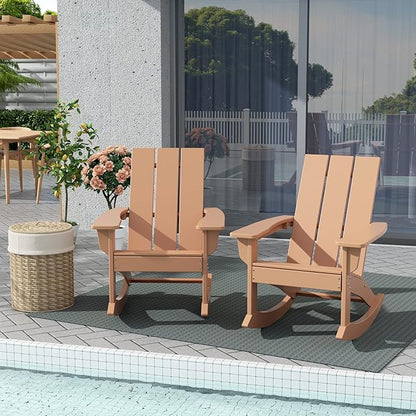 WestinTrends Ashore Patio Rocking Chairs Set of 4, All Weather Poly Lumber Plank Adirondack Rocker Chair, Modern Farmhouse Outdoor Rocking Chairs for Porch Garden Backyard and Indoor, Teak