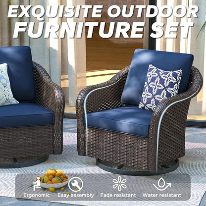 4 PCS Patio Conversation Set | 78" Couch, 2 Swivel Chairs, 1 Side Table， Outdoor Wicker Conversation Furniture with Removable Cushions for Bistro, Deck, Sunroom(Navy Blue)