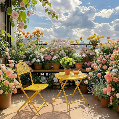 TeoKJ Folding Outdoor Side Tables, Anti Rust Small Patio Table Round Metal Nightstand with Flower Cutouts for Porch Yard Balcony Deck Lawn, Yellow